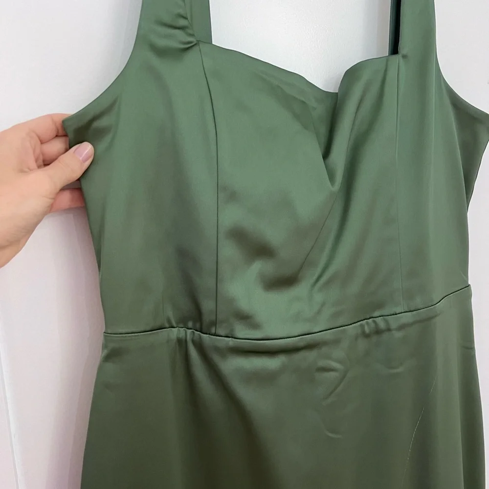 Abercrombie Sculpting Stretch Satin Midi Dress Square-Neck Olive Green - Picture 12 of 12